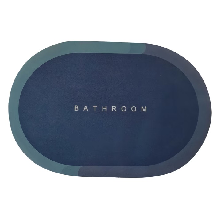 Covor De Baie GREATON, Imprimeu „Bathroom”, Absoarbe Rapid Apa, Cauciuc Antiderapant, Spalare Manuala, 57.5 x 40 cm, Bleumarin/Albastru