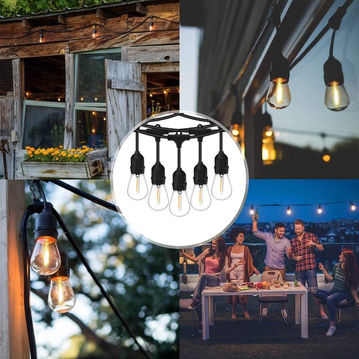 Ghirlanda Luminoasa de gradina decorativa exterior 10m, 10 x E27 + becuri LED 1W 2700K