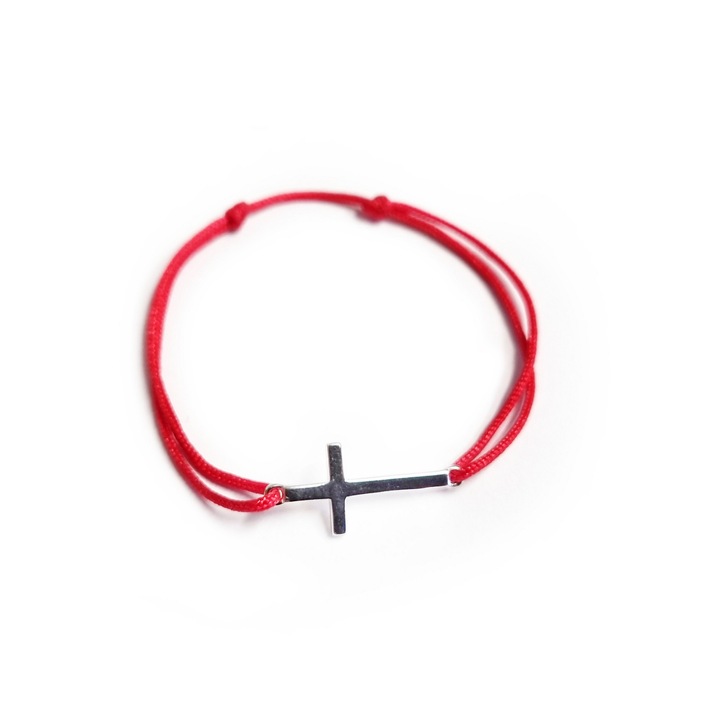 Bratara Bebe reglabila din Argint 925 cu charm Cruciulita plina si snur rosu de matase