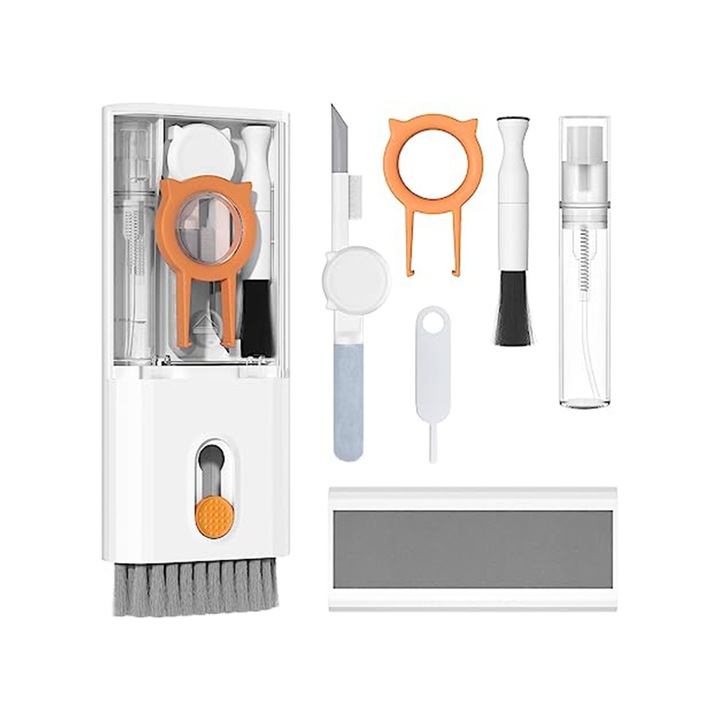 Kit Multifunctional de Curatare Produse Electronice 10 in 1, KINSI, pentru laptop, tastatura, telefon, casti, alb