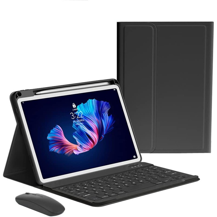 Калъф, безжична клавиатура и мишка, Bluetooth, Sigloo, съвместим с таблет Lenovo P12 Pro, 12.6 инча, Черен
