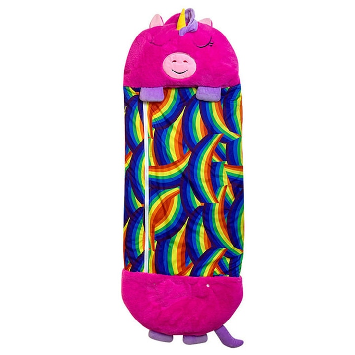 Sac de dormit 2in1 model Rainbow Unicorn din plus pentru copii, portabil si pliabil, 160x60 cm, Feike
