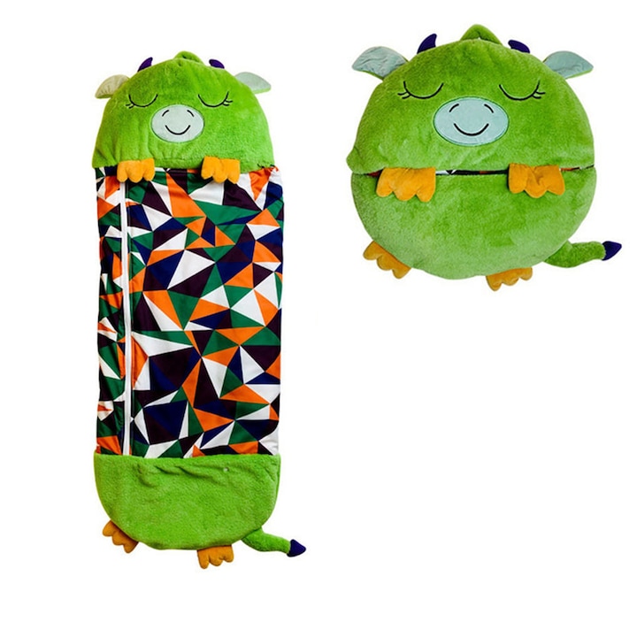 Sac de dormit 2in1 model Green Dragon din plus pentru copii, portabil si pliabil, 160x60 cm, Feike