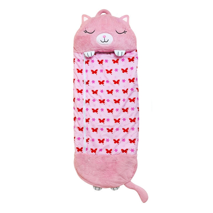 Sac de dormit 2in1 model Pink Cat din plus pentru copii, portabil si pliabil, 160x60 cm, Feike