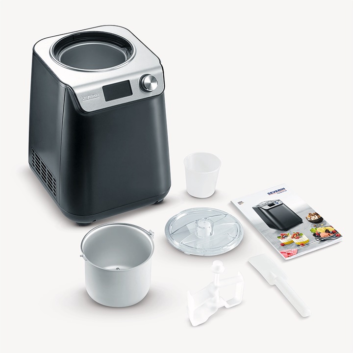 Masina de inghetata 2 in 1 Severin, S7407, bol detasabil, 1.2 litri, prepare si iaurt, fara racire bol in prealabil, compresor, mentinere la rece, timer, usor de utilizat, 135 W, negru