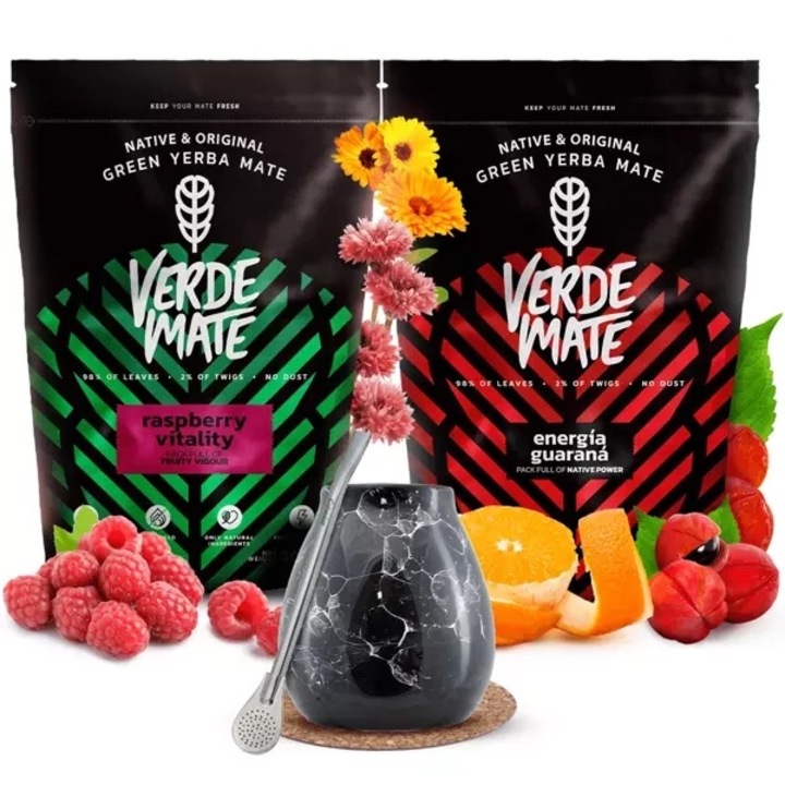 Yerba Mate Készlet, Verde Mate, Raspberry, Guarana, 2 x 500g, Bögre, Marmol Black, 300 ml, Bombilla