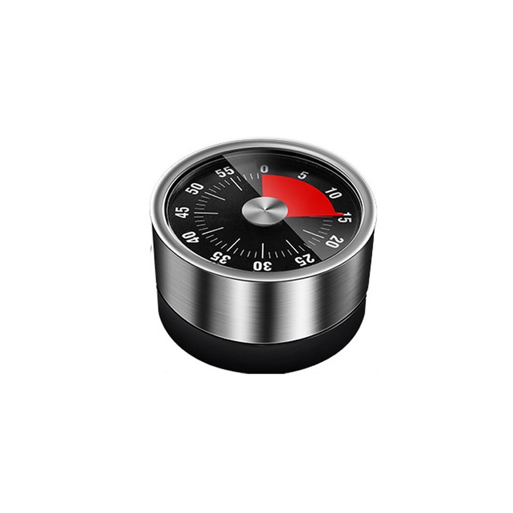 Аналогов кухненски таймер, KINSI, С функция за магнитна адсорбция, неръждаема стомана, 60mm, 110g, черен