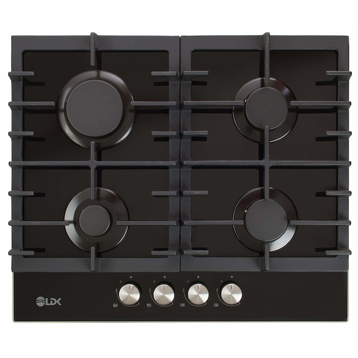 Beépíthető főzőlap LDK Toledo JZ4BK60, Gáz, 4 égős, Gyújtás, Öntöttvas rács, Biztonsági, 60 cm, Fekete