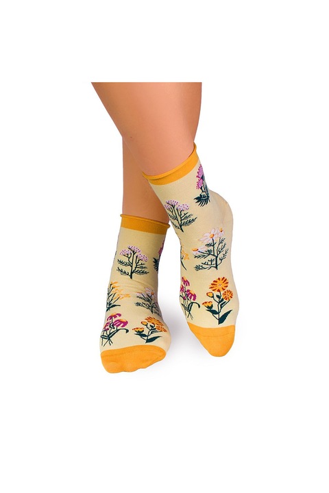 Sosete bumbac de lungime medie, model floral, Galben