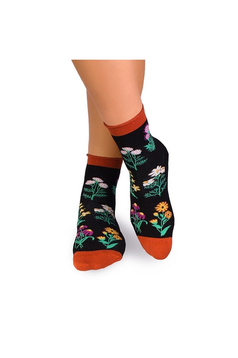 Sosete bumbac de lungime medie, model floral, Negru