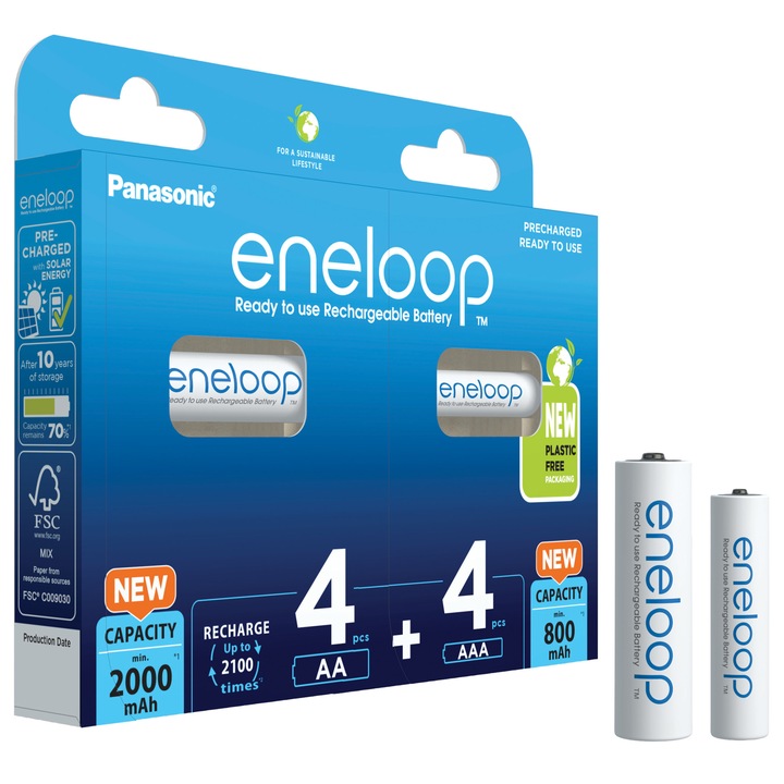 Set acumulatori Panasonic Eneloop, 2100 cicluri, 4 x 2000mAh R6 AA, 4 x 800mAh R3 AAA, BK-KJMCDE44E