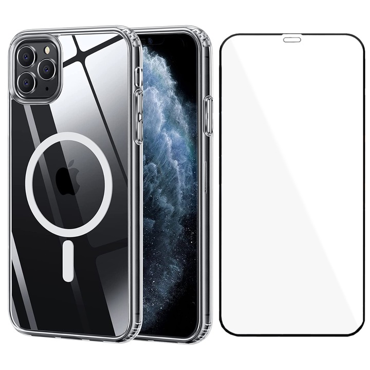 Калъфи MagSafe и фолио за защита на екрана за iPhone 11 Pro, Пълна защита, безжично зареждане, Прозрачно