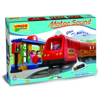 Set constructie cuburi plastic copii Trenulet 2 vagoane cu baterii si gara cu pasageri Unico 8615, 68 piese multicolore si stickere personalizare Set constructie cuburi plastic copii Trenulet 2 vagoane cu baterii si gara cu pasageri Unico 8615, 68 piese multicolore si stickere personalizare