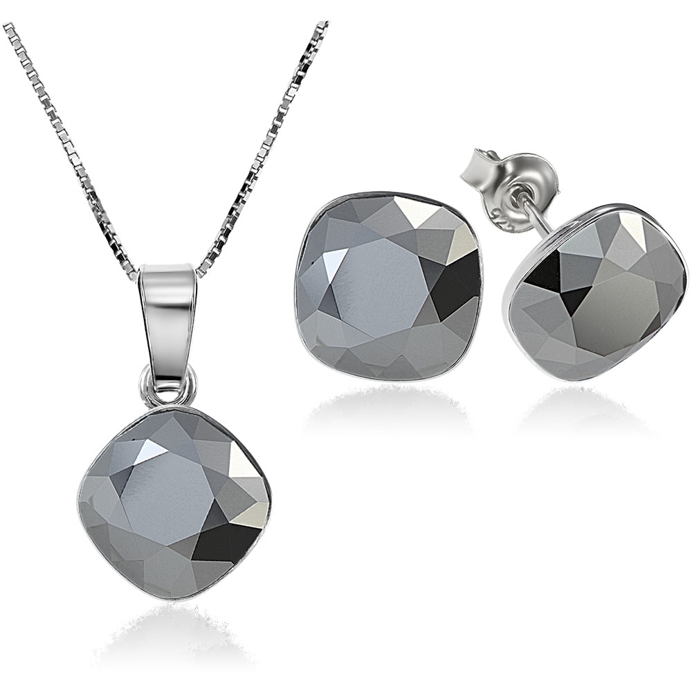 Set Argint 925 placat cu rodiu cu cristale Swarovski® Princess Square 10mm Light Chrome Surub + Lant