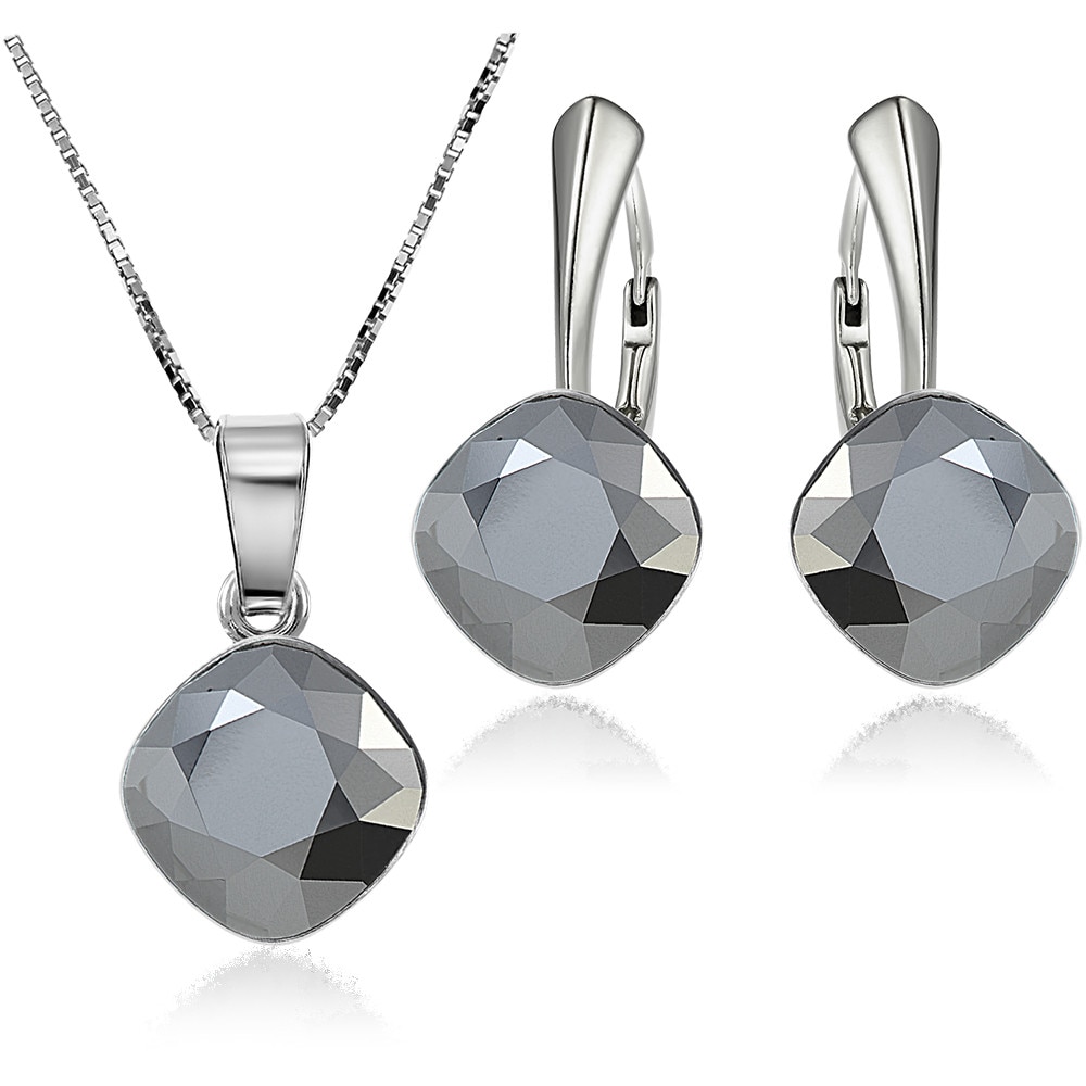 Set Argint 925 placat cu rodiu cu cristale Swarovski® Princess Square 10mm Light Chrome Leverback + Lant