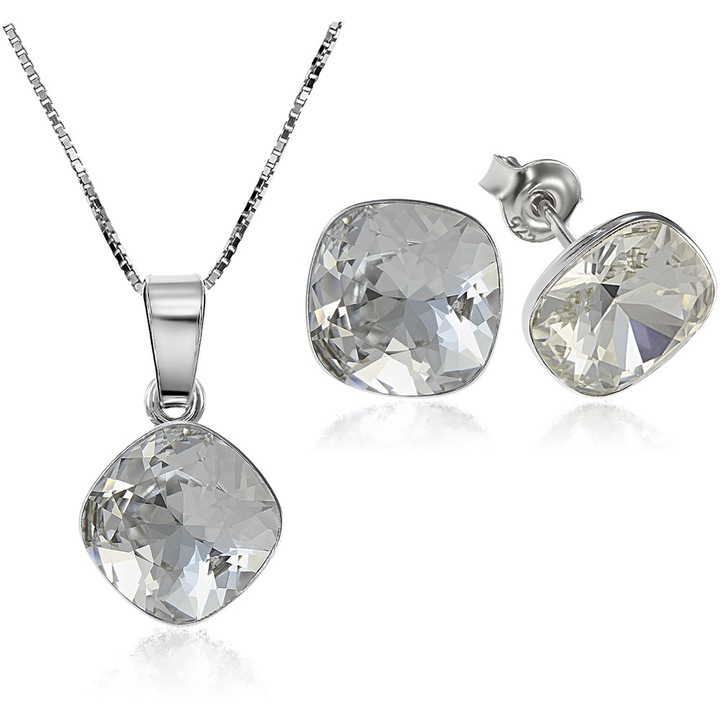 Set Argint 925 placat cu rodiu cu cristale Swarovski® Princess Square 10mm Surub + Lant, Alb, 42 CM