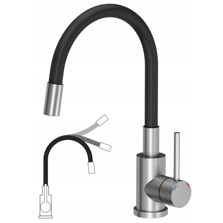 Кухненски смесител, MyQ, Неръждаема стомана, Черен, 38 см