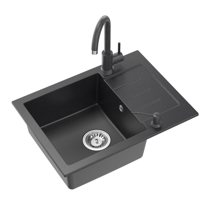 Chiuveta de bucatarie myQ PARIS 16, granit, negru, set robinete, 60x44 cm