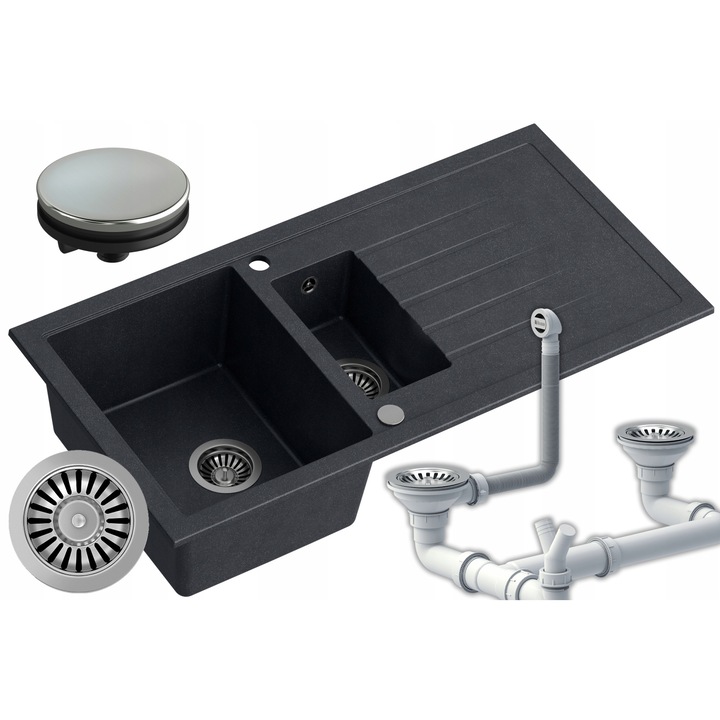 Chiuveta din granit cu 2 cuve, MyQ, Negru, 100x50 cm