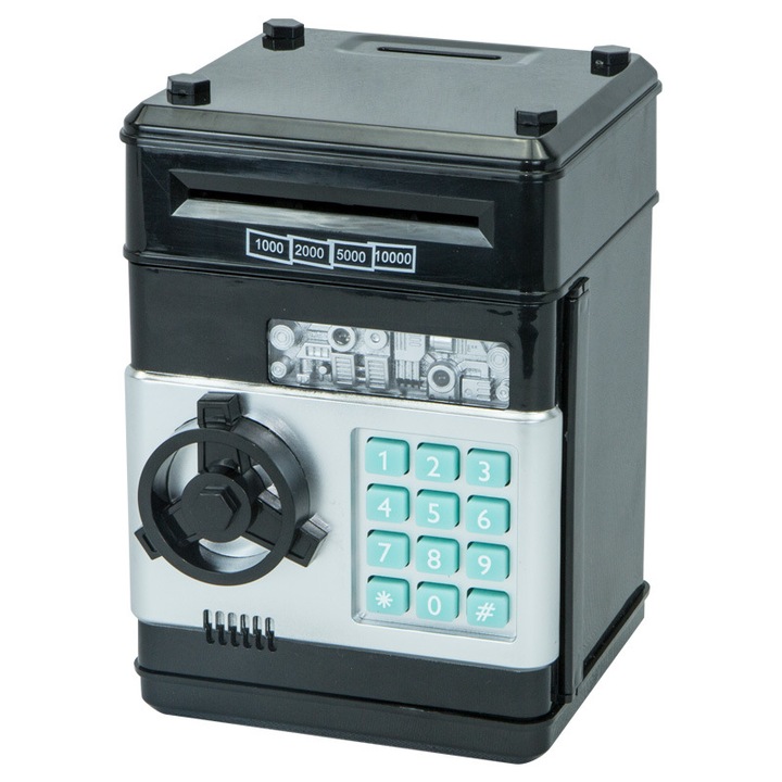 Pusculita ATM tip jucarie seif pentru copii, NEVERMORE, deschidere cu pin, sunete si lumina, 19.5x13.4x12.2 cm, Negru