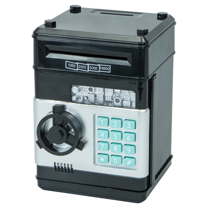 Pusculita ATM tip jucarie seif pentru copii, NEVERMORE, deschidere cu pin, sunete si lumina, 19.5x13.4x12.2 cm, Negru