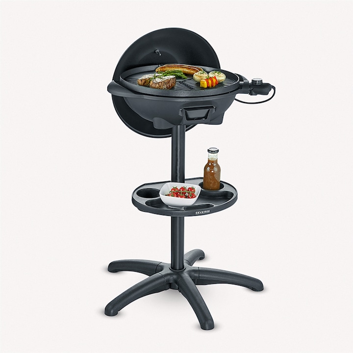 Gratar electric de gradina Severin, Barbecue Grill, poate fi folosit si in interior, suprafata de gatire Ø41 cm, temperatura reglabila, indicator LED, incalzire rapida, termometru integrat, spatiu depozitare, curatare usoara, 2000 W, negru