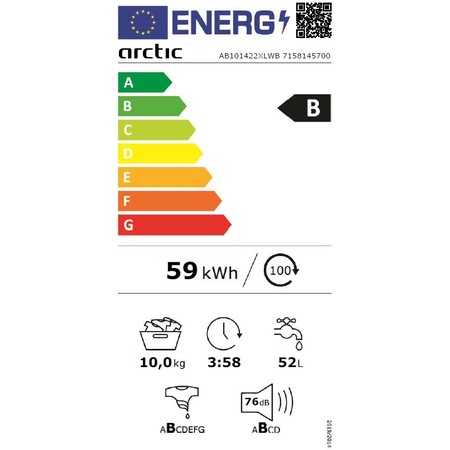 Masina de spalat rufe Arctic AB101422XLWB, 10 Kg, 1400 RPM, Motor Silent Inverter, ExtraSteam, Fast+, Display digital, Add-In, Clasa B Alb