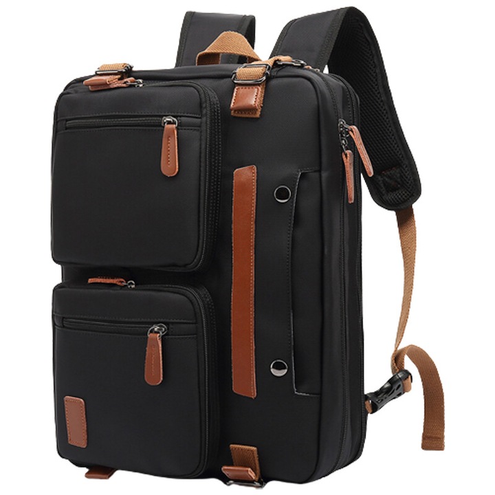 Számítógépes hátizsák külső cipzáras zsebbel, Vaxiuja, Nedvesség- és vízálló, Többrétegű, 40/13/30 cm, Anyaga Nylon/poliészter, Fekete