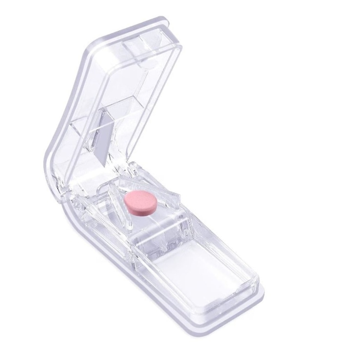 Cutie pentru depozitare medicamente cu dispozitiv de taiere pilule, tablete, suplimente, design compact, ideala pentru calatorii, inchidere ermetica, 2 compartimente, transparent