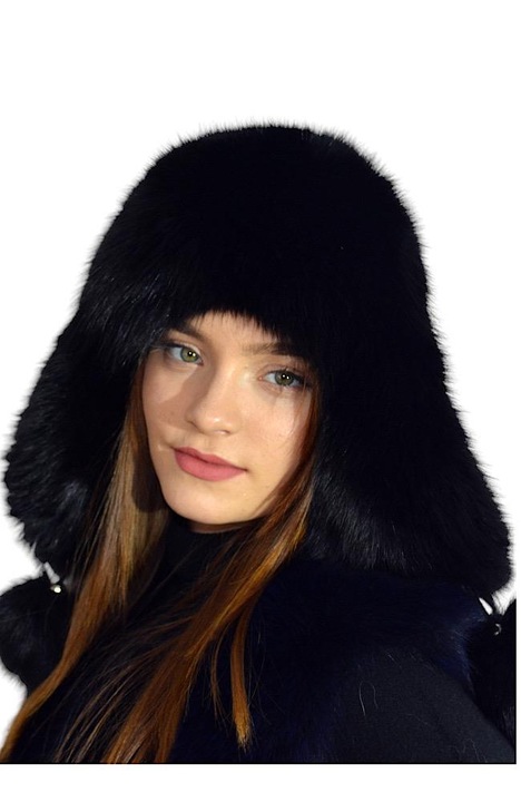Caciula din blana naturala pentru femei cu urechi, Negru