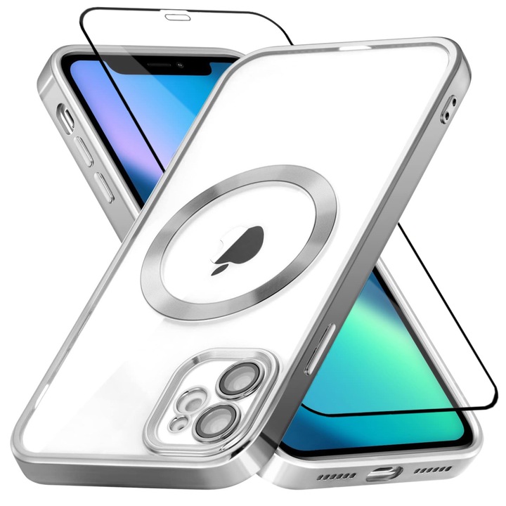 Folie készlet plusz Magsafe Luxury Case kompatibilis iPhone 11-el kameravédelemmel, ütésálló, átlátszó ezüst szélekkel