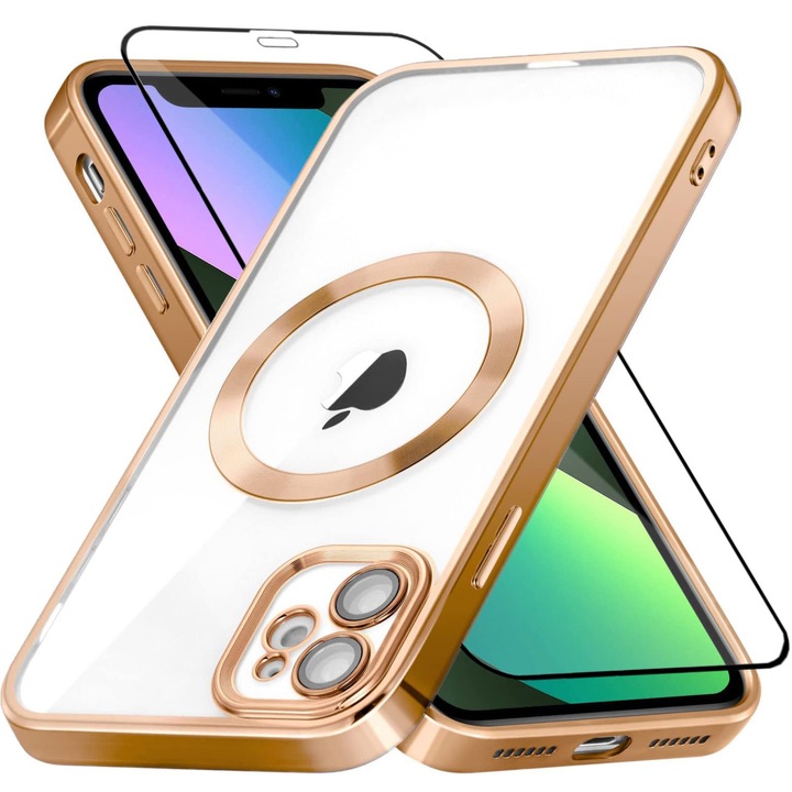Set Full Protection cu Magsafe Luxury compatibil Iphone 11 cu protectie camera, Antisoc, Transparent cu margini Auriu