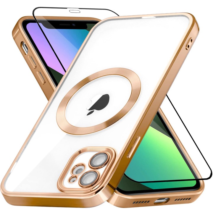 Teljes védelmi készlet Magsafe Luxury kompatibilis iPhone 11-el kamera védelemmel, ütésálló, átlátszó arany élekkel