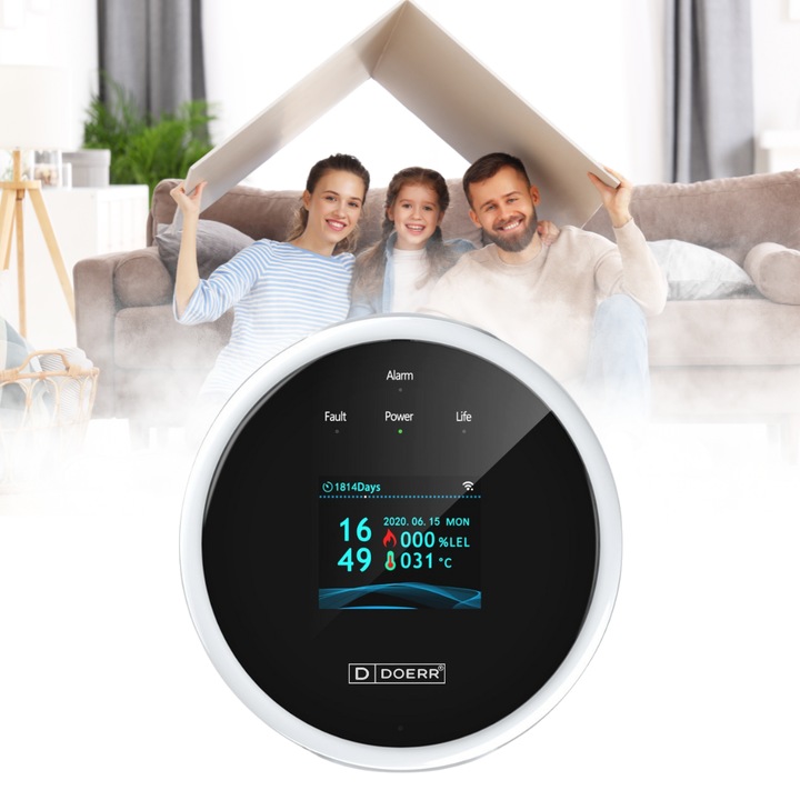 Detector de Gaz, Doerr, Wireless, Senzor termic integrat, WiFi 2.4 GHz, Control prin Aplicatie, Display LCD, Semnal Luminos si Acustic, Alb