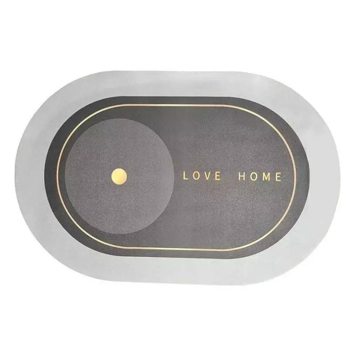 Covor de Baie Antiderapant SIKS, Model „Love Home”, Oval, 57 x 39 cm, Gri