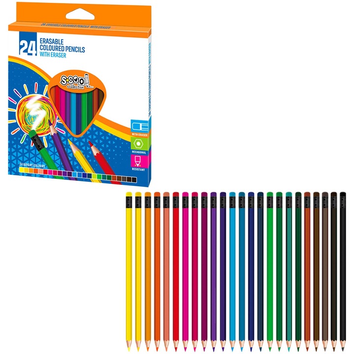 Creioane color S-cool, cu radiera, 24 culori/set