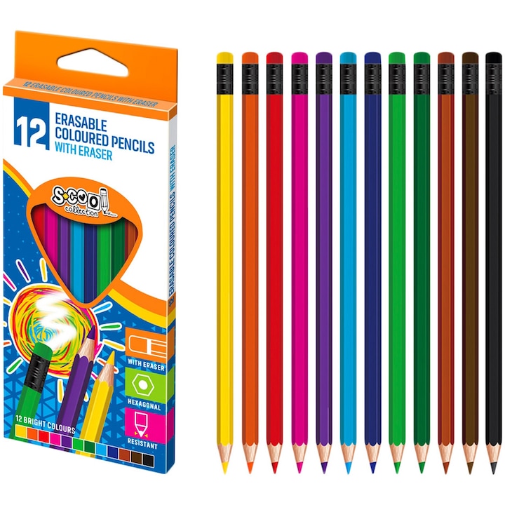 S-Cool színes ceruza, radírral, 12 szín / készlet