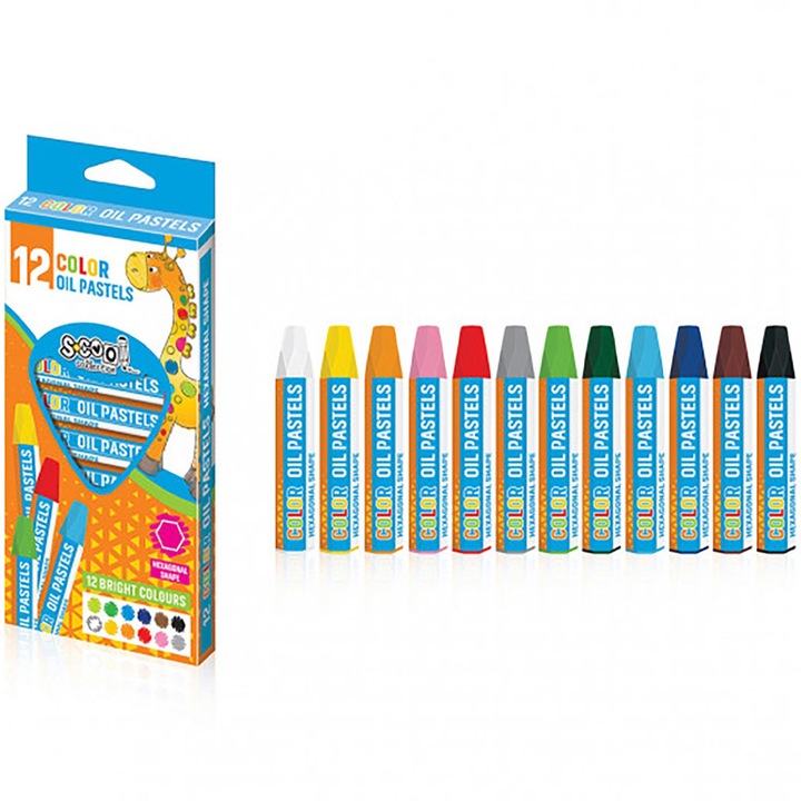 Creioane colorate S-cool, pe baza de ulei, pastel, 12 culori/set