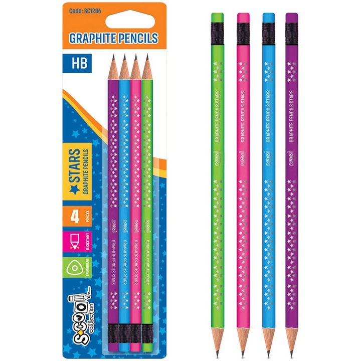 Creion grafit S-cool, mina HB, Shining Star, 4 buc/blister