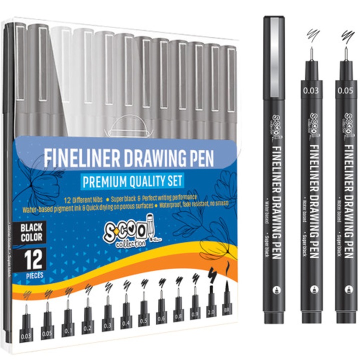 Fineliner S-cool, Връх 0.03-2 мм, 12 бр./компл
