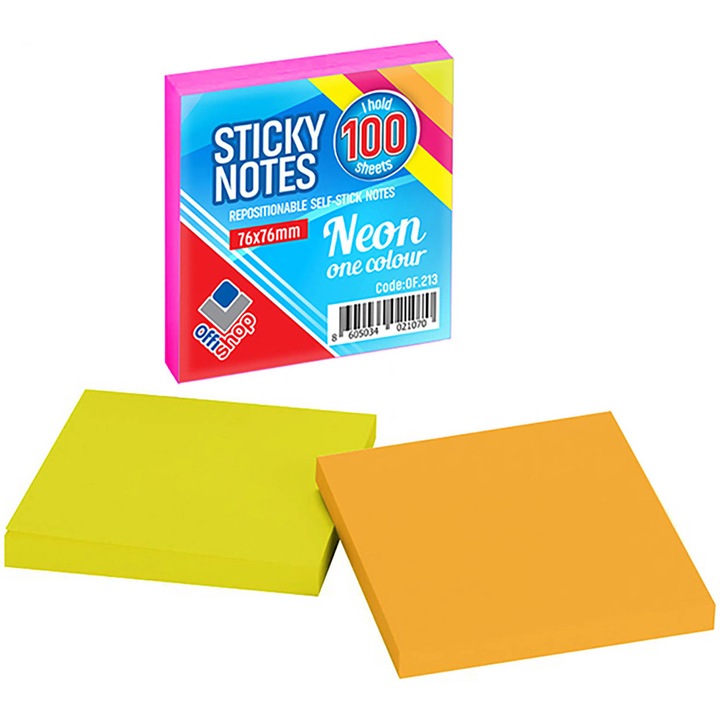 Лепящи листчета Offishop, 75x75 мм, Неон, 100 листа/комплект