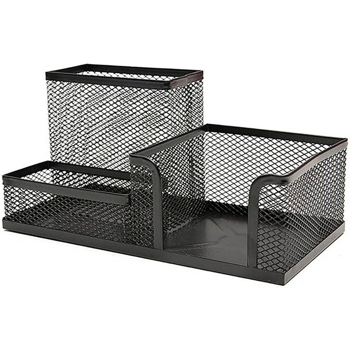 Suport birou Offishop, 3 compartimente, 20x10x10 cm, negru, Mesh