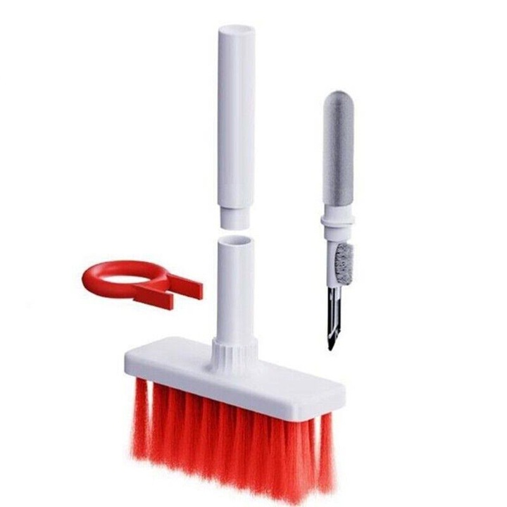 Perie multifunctionala pentru tastaturi cu dispozitiv pentru curatare telefon si casti, Alb/Rosu