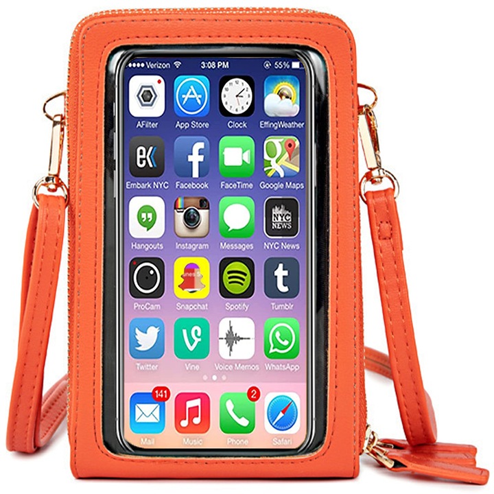 Portofel dama, din piele naturala, blocare RFID, crossbody pentru telefon mobil, 3 compartimente principale, 12x19x6.5 cm, Portocaliu, OptimStar®