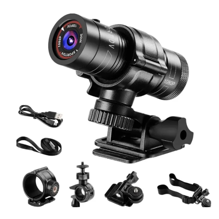 Camera video sport, Laufren™, 1080p Full HD 120° cu suport de prindere pe casca sau pe bicicleta, motocicleta, trotineta, rezistenta la apa, obiectiv integral din sticla, Negru mat