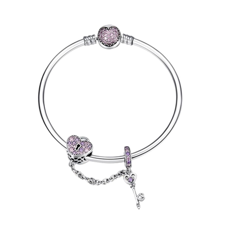 Bratara pentru Talismane din Argint cu Cristale Zirconiu, Placata cu Rodiu, Locked Heart