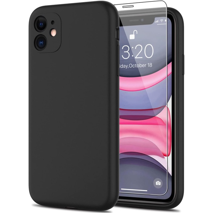 Set Full Protection Silicon compatibil Iphone 11 cu protectie camera, Antisoc, negru