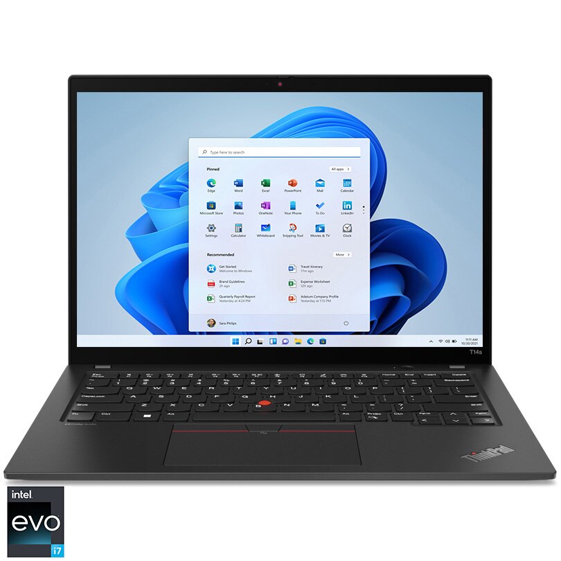 Laptop Lenovo ThinkPad T14s Gen 4 cu procesor Intel® Core™ i7-1355U pana la 5.0 GHz, 14 , WUXGA, IPS, 32GB, 1TB SSD, Intel® Iris® Xe Graphics, Windows 11 Pro, Deep Black, 3-year, Courier or Carry-in