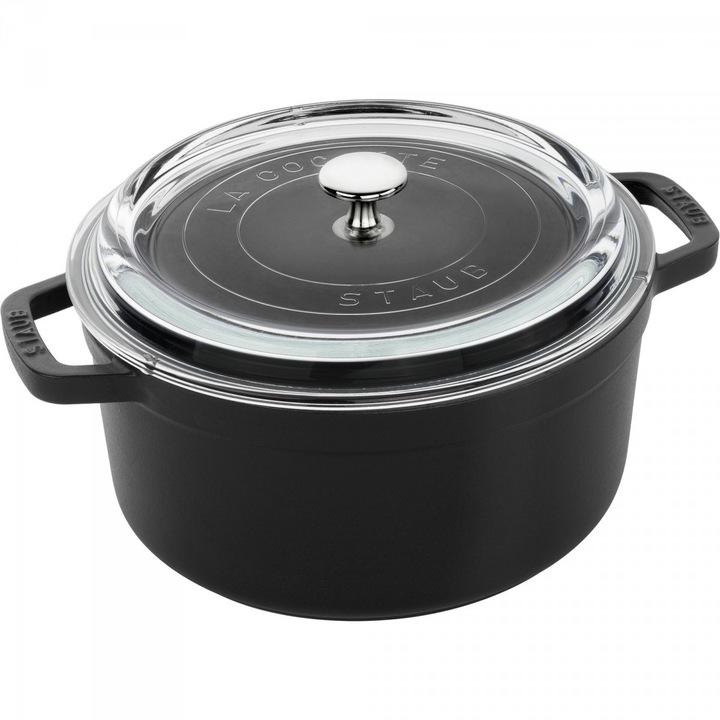 Кръгла тенджера с капак, Staub, Чугун, 3.8л, Черна