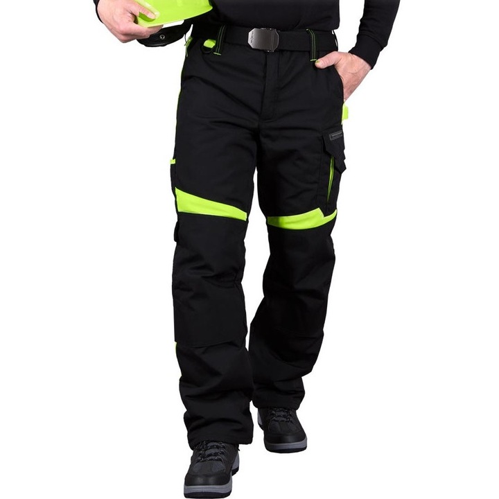 Pantaloni de protectie izolati, Leber Hollman, Poliester, Negru/Verde neon, XL INTL